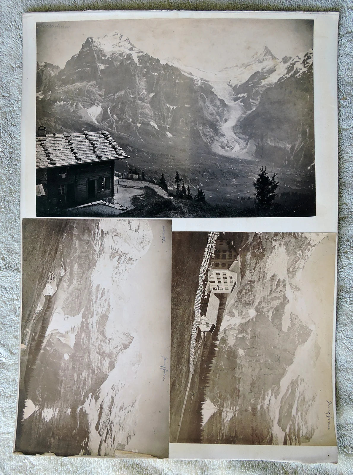 3 VINTAGE ALBUMEN PHOTOS, BEAUTIFUL SNOW COVERED MOUNTAINS IDED ON PRINTS