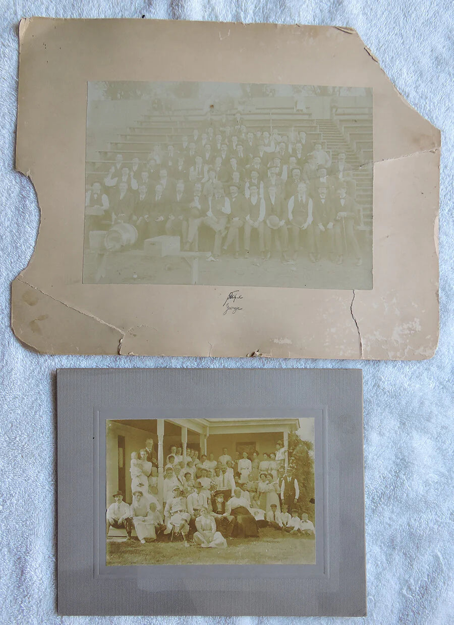 GROUP PHOTOS SET OF 2 OUTDOOR - FAMILY REUNION + WELL DRESSED MEN ON BLEACHERS