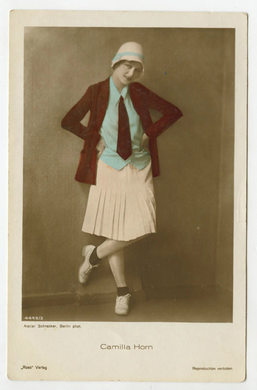 HAND TINTED PHOTO LADY NAMED CAMILLA HORN INFO ON BACK BY SCHRECKER, BERLIN