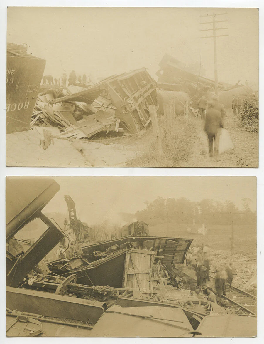 RAILROAD TRAIN WRECK SET OF 2 VINT PHOTOS SHOWING DAMAGE/AFTERMATH