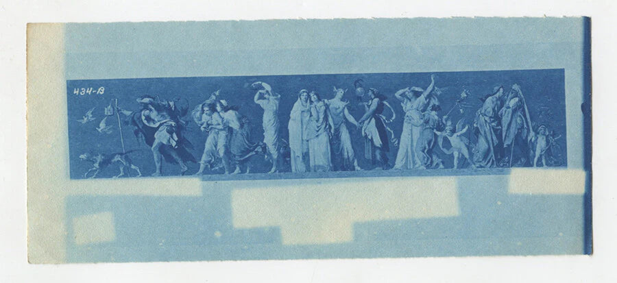 MYTHOLOGICAL FIGURES IN COSTUME W/ CHERUB + DOG - VINT CYANOTYPE
