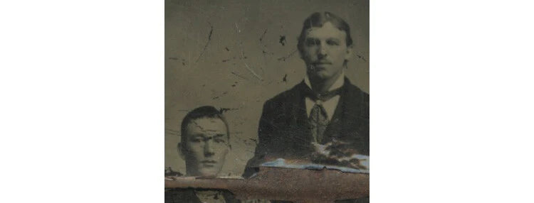 STUDIO PORTRAIT 2 MEN/BROTHERS, NICE SUITS, 1/6 PLATE TINTYPE