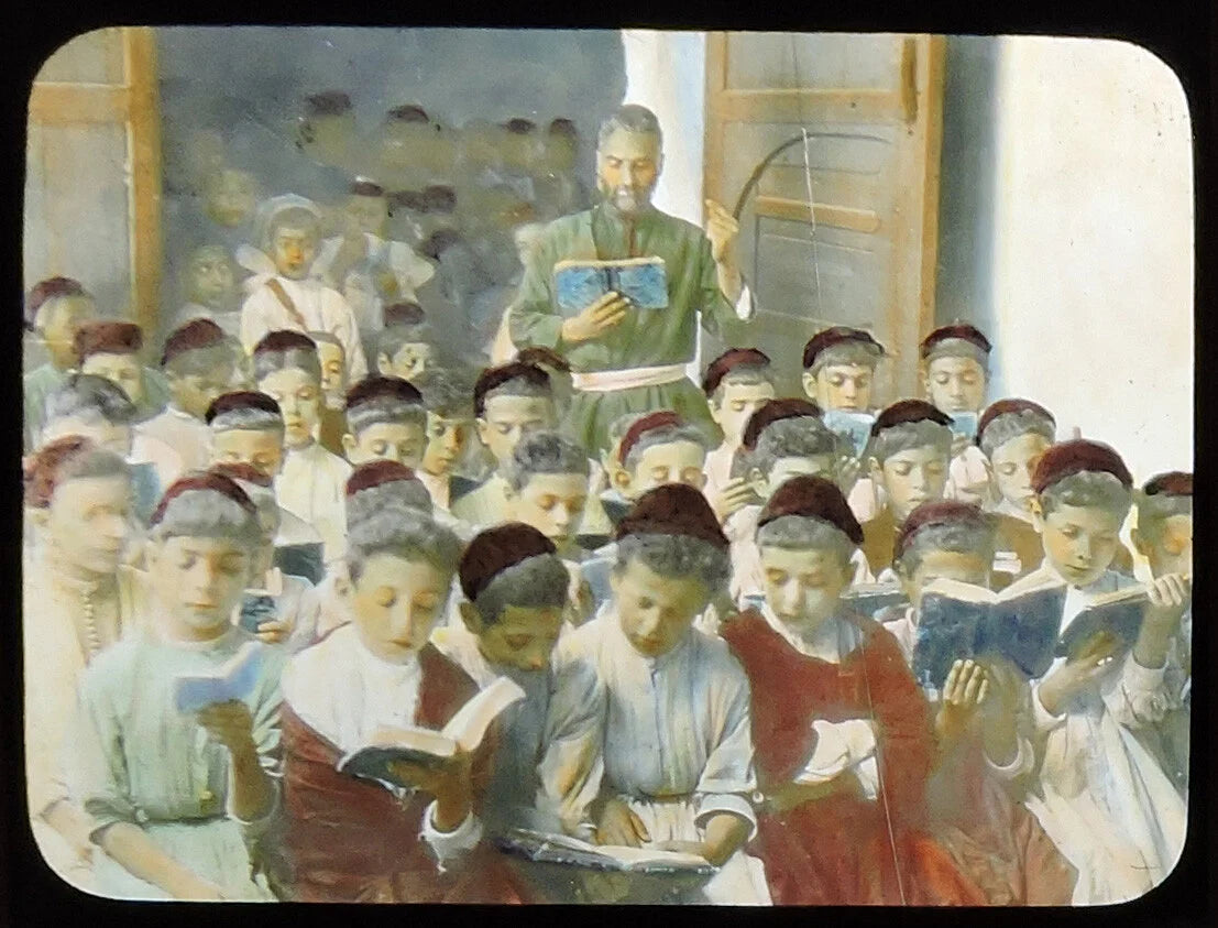 ANTIQUE PHOTO ON GLASS, MOROCCO, CONVOCATION BOYS/BOOKS + TEACHER COLOR TINTED