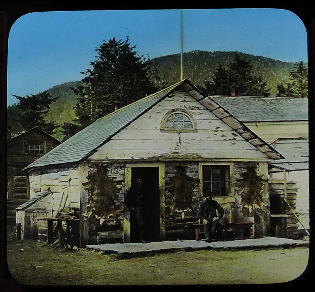 ANTIQUE PHOTO ON GLASS, SITKA, ALASKA, VINT FUR STORE, COLOR TINTED