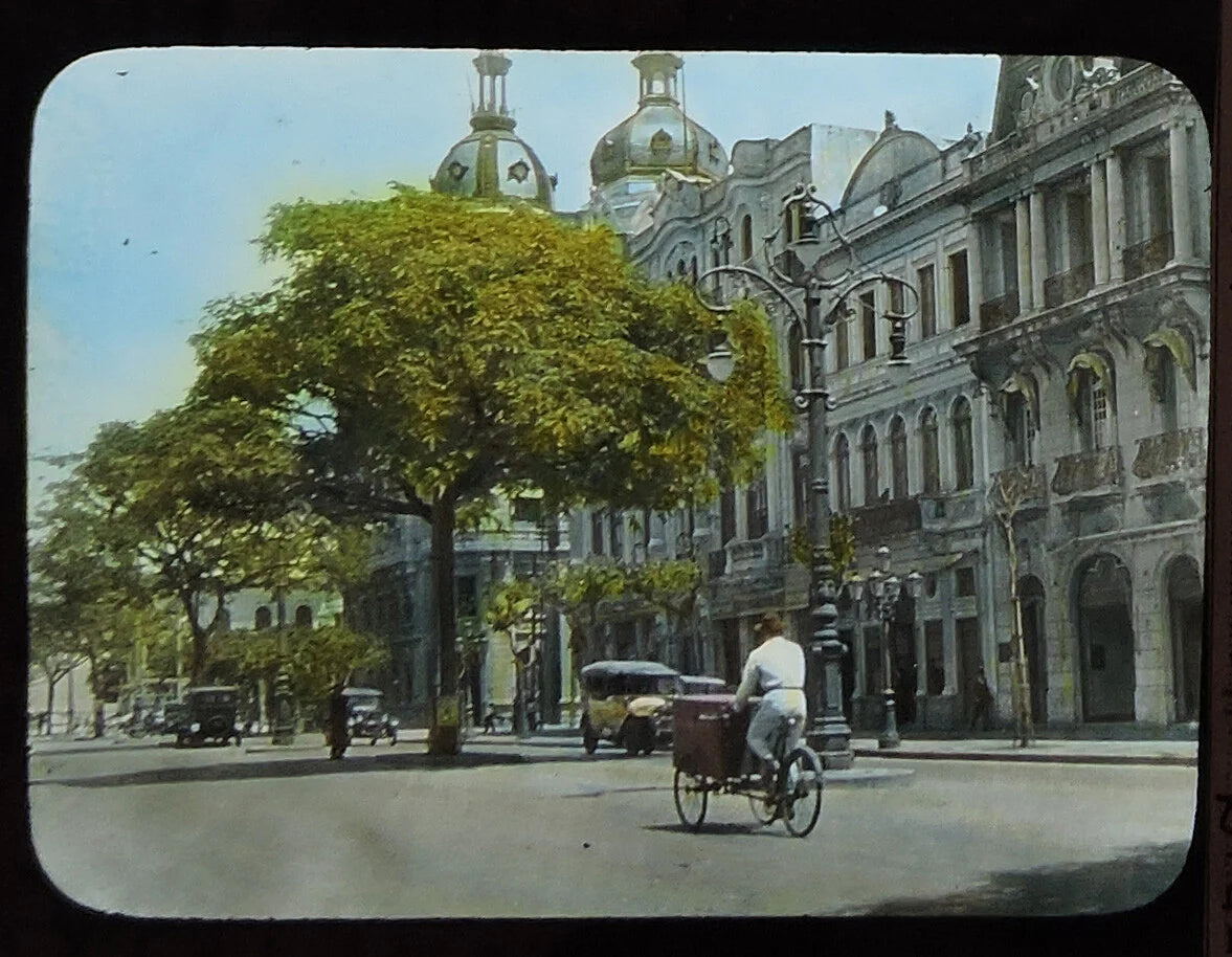 ANTIQUE PHOTO ON GLASS, VINT AVENIDA RIO, BRAZIL SCENE, COLOR TINTED
