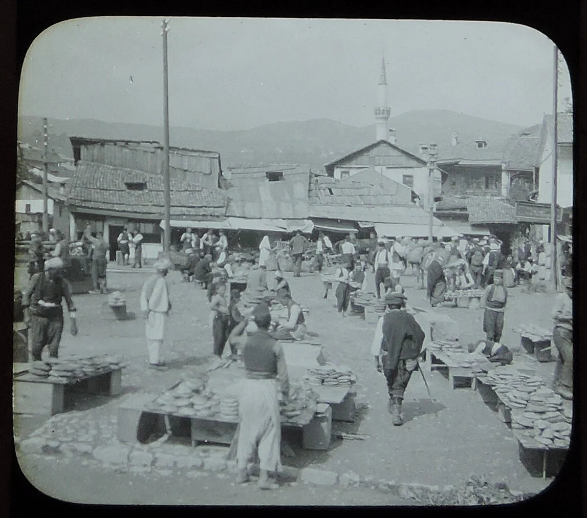 ANTIQUE PHOTO ON GLASS, BUSY MARKET PLACE, BOSNIA, SARAJEVO