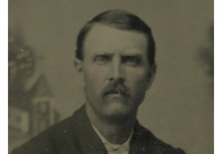 MAN W/ GREAT SUIT + MUSTACHE, TINTYPE 1/6 PLATE