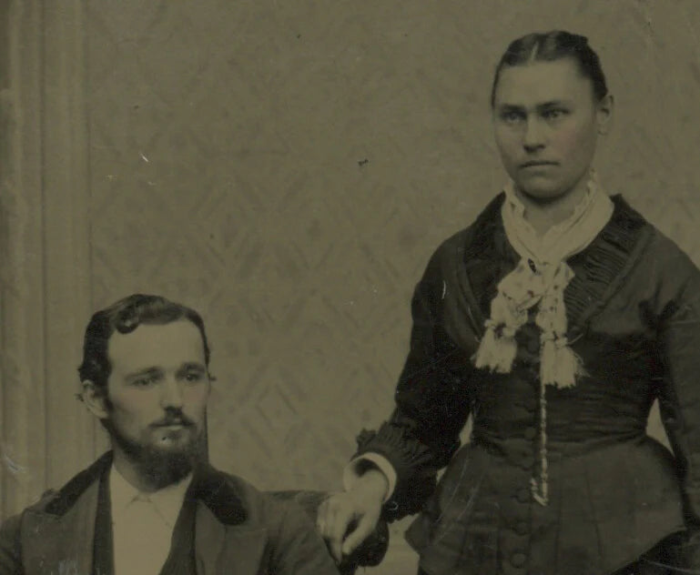 STUDIO PHOTO OF MAN + WIFE, 1/6 PLATE TINTYPE