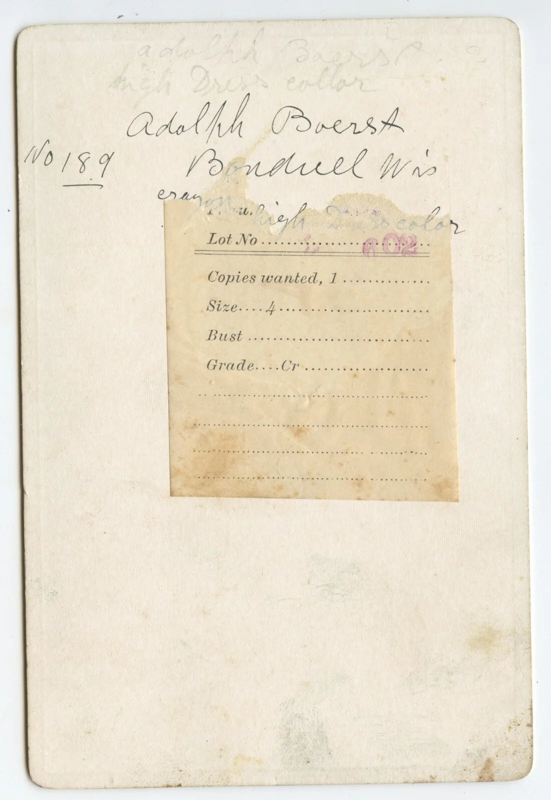 FROM GREEN BAY, WIS, PHOTO LADY W/ CORSAGE, NAME ON BACK ADOLPH B.