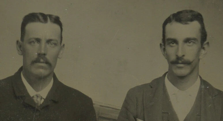 PORTRAIT 2 MEN W/ HATS + MUSTACHES, BROTHERS, 1/6 PLATE TINTYPE