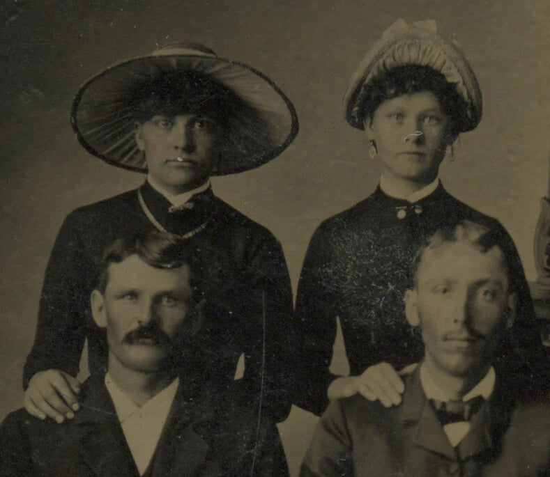 HATS, 2 WELL DRESSED COUPLES, 1/6 PLATE TINTYPE