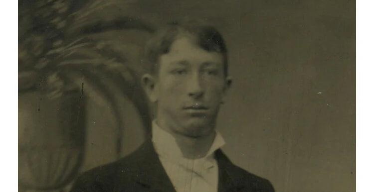 PAINTED BACKGROUND, 1/6 PLATE TINTYPE, MAN W/ WALKING STICK/NICE SUIT