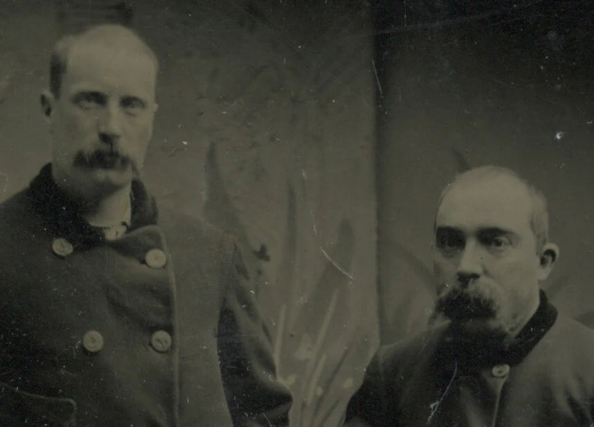 2 MEN, 1/6 PLATE TINTYPE, BOOTS/LONG COATS, STUDIO PORTRAIT