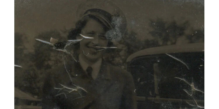 LADY NAMED FLORENCE W/ MILITARY DRESS HAT, 1/9 PLATE TINTYPE 1935 PHOTO