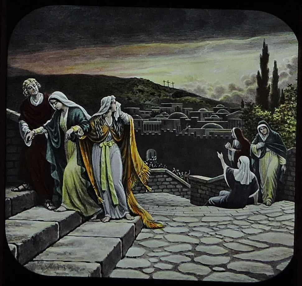 PHOTO ON GLASS VINT ORIGINAL, CHRISTIAN ART NEW TESTAMENT BIBLICAL SCENE COLOR