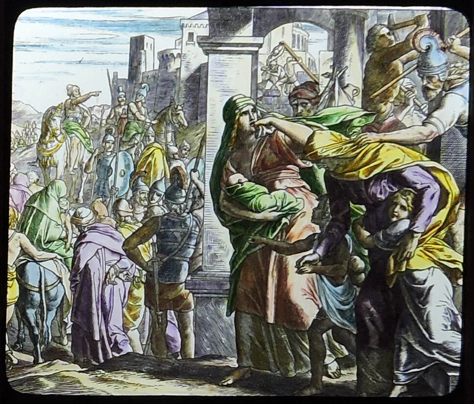 PHOTO ON GLASS VINT ORIGINAL, CHRISTIAN ART OLD TESTAMENT BIBLICAL SCENE COLOR