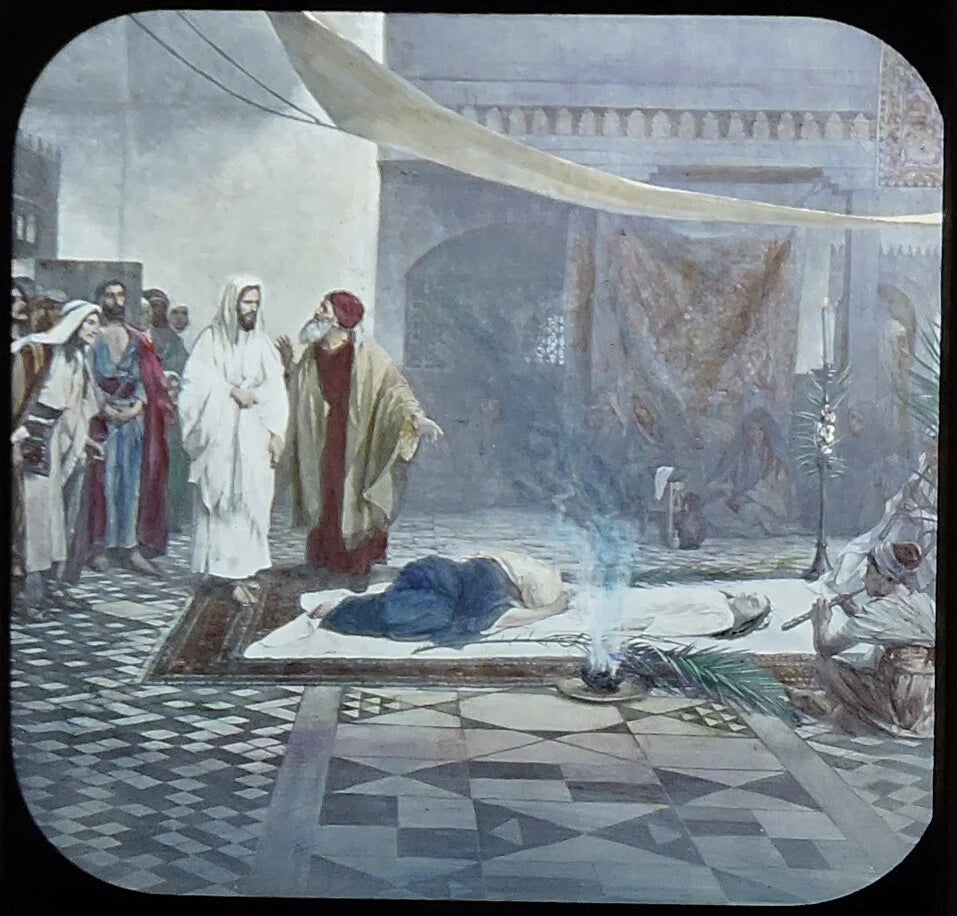 PHOTO ON GLASS VINT ORIGINAL, CHRISTIAN ART COLOR SHE IS NOT DEAD BUT SLEEPETH