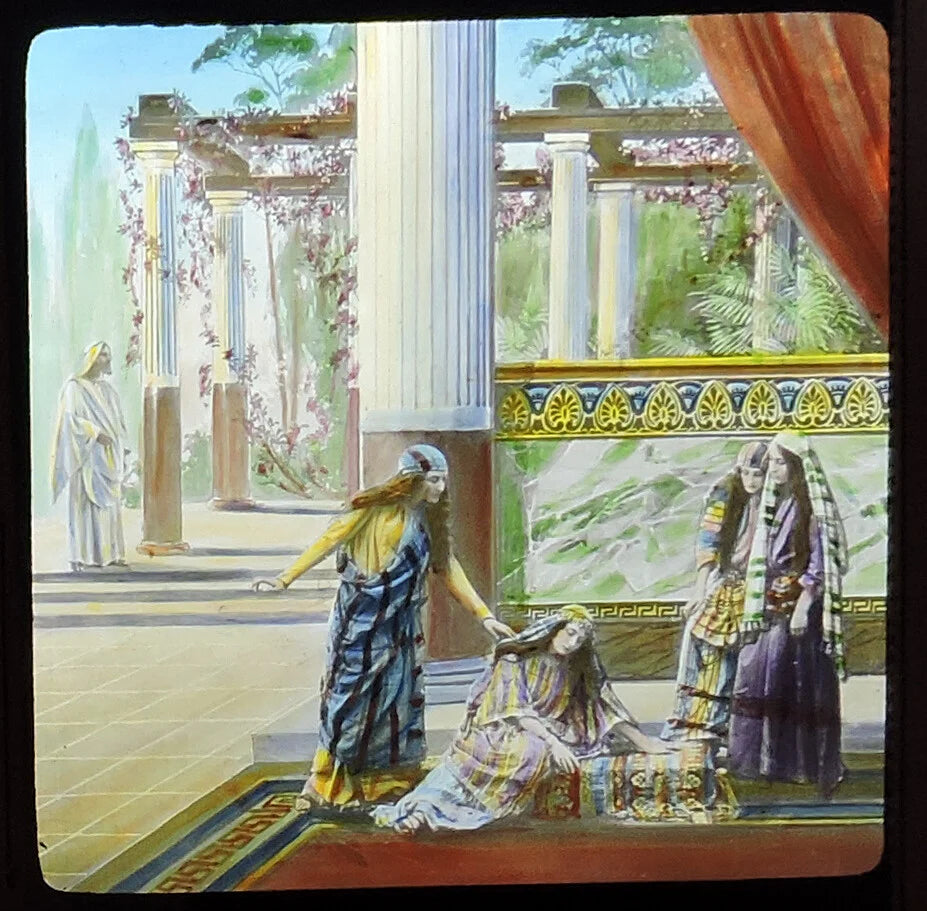 PHOTO ON GLASS VINT ORIGINAL, CHRISTIAN ART BIBLICAL SCENE RESURRECTION COLOR