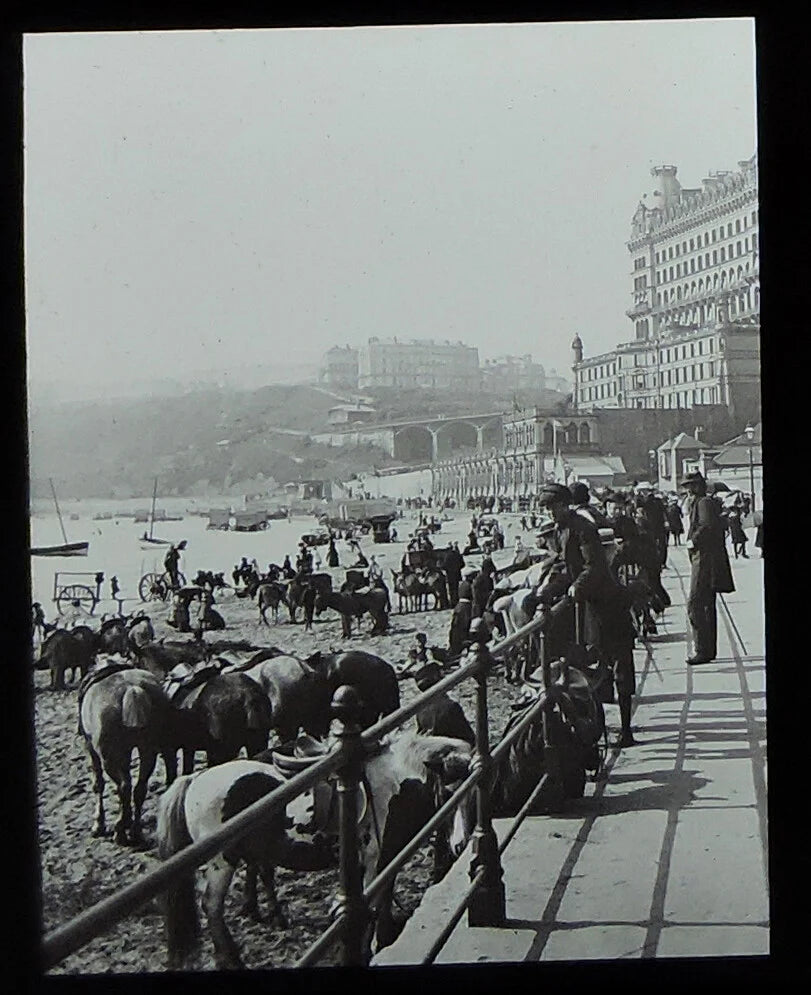 PHOTO ON GLASS VINT ORIGINAL, BOARDWALK, PEOPLE, HORSES/PONIES, PALACE?