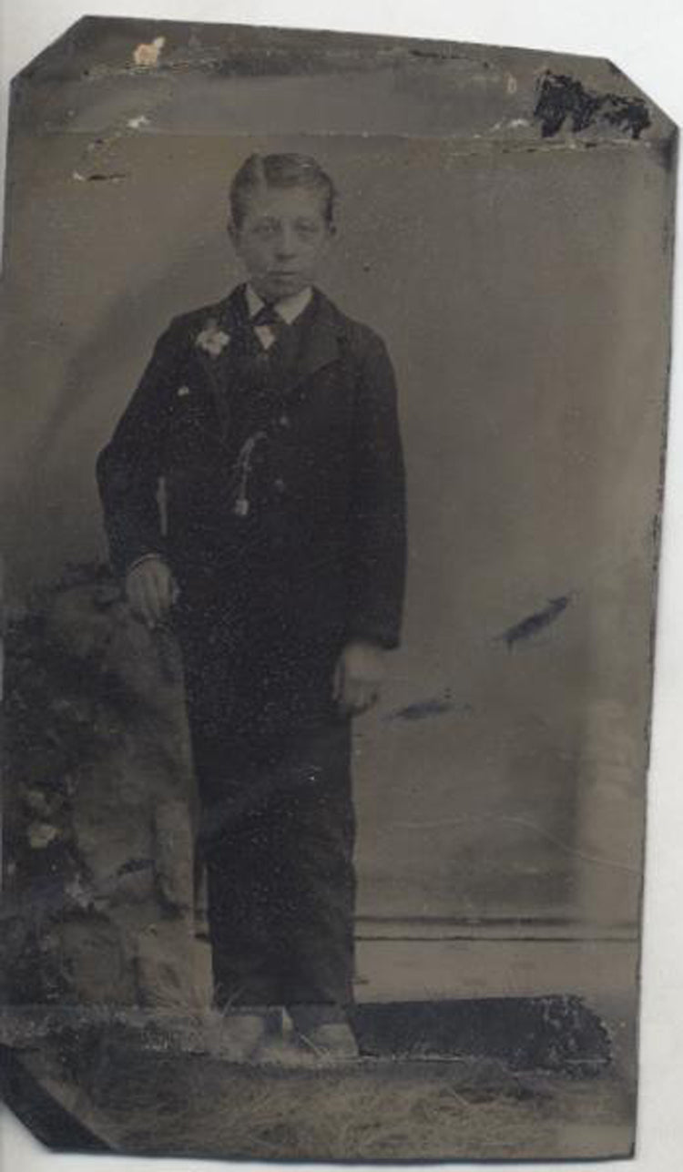 TINTYPE PORTRAIT OF WELL-DRESSED YOUNG BOY W/ FLOWER ON LAPEL