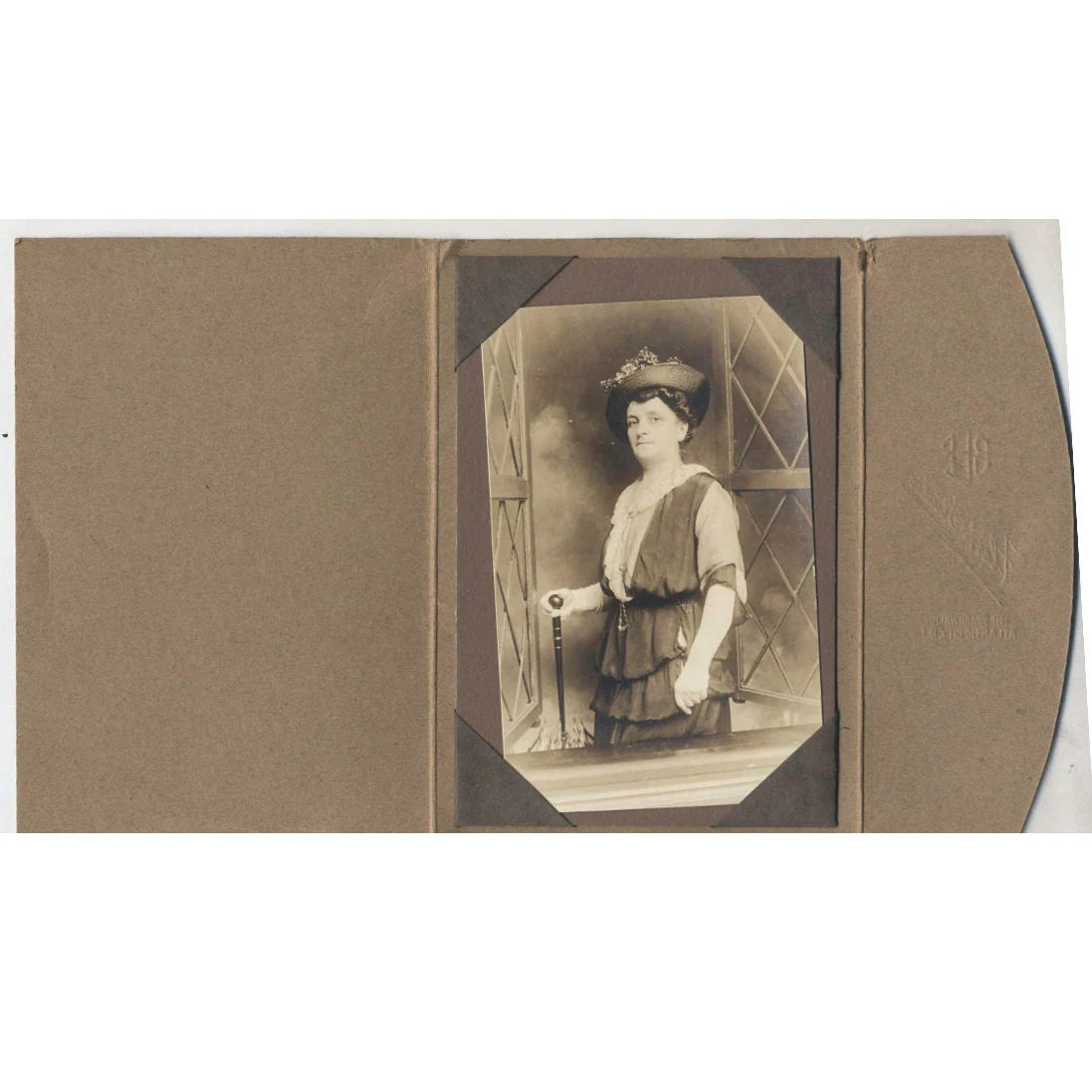 Vintage Post Card Image of Woman in Hat with Cane in Period Paper Folder//Woman in Dinner Gloves and Flower Hat//Window Pain Backdrop