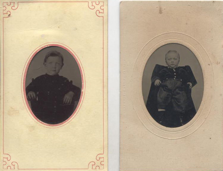 SET OF TWO TINTYPE PORTRAITS OF BABY YOUNG BOY W/ STRIKING EYES - VERY SHARP