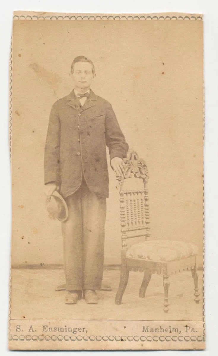 CDV Photo From The 1800s of Tall Lengthy Man With Bow Tie Holding Hat//Antique Portait//19th Century Man Posing with Chair