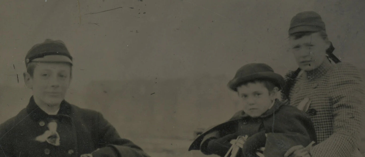 OUTDOOR SCENE OF CHILDREN ON A BICYCLE + TRICYCLE RARE 1/4 PLATE TINTYPE