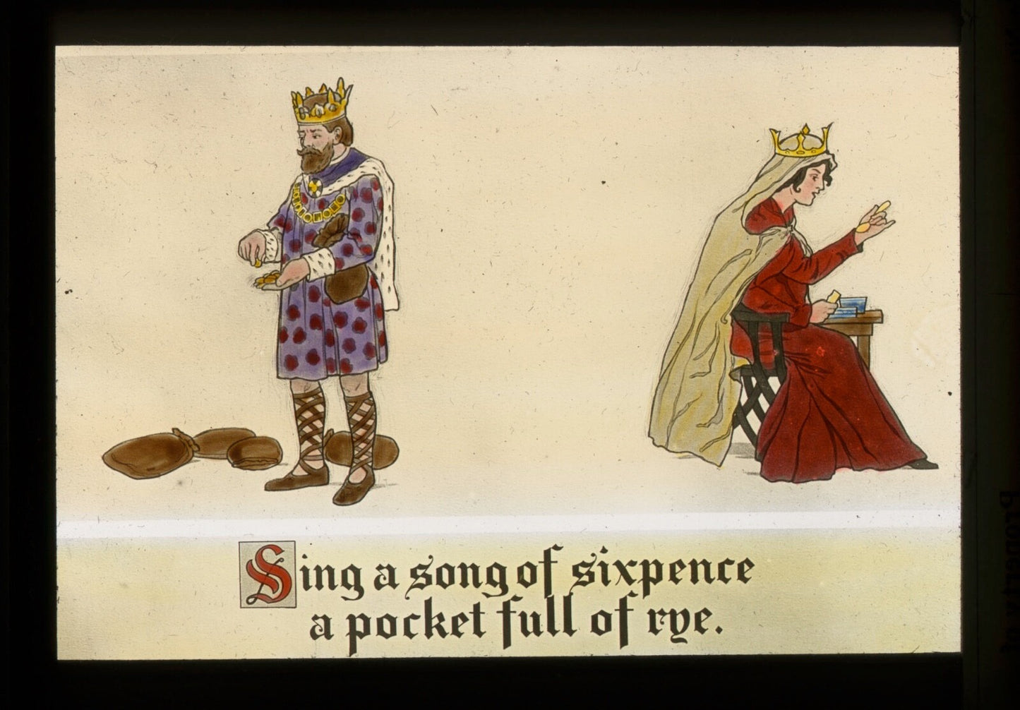 Vintage Lantern Slide - Hand-Tinted Illustrated Sing a Song of Sixpence Nursery