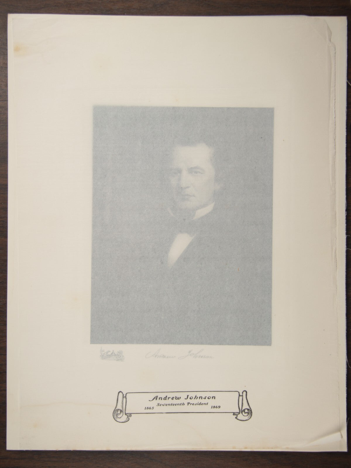 Vintage photogravure of President Andrew Johnson with Champ Clark handwritten