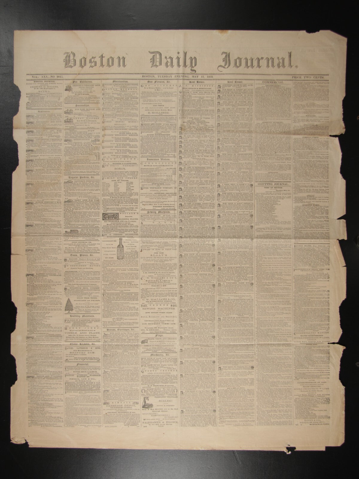 VINTAGE NEWSPAPER: Boston Daily Journal Tuesday Evening May 13th 1862