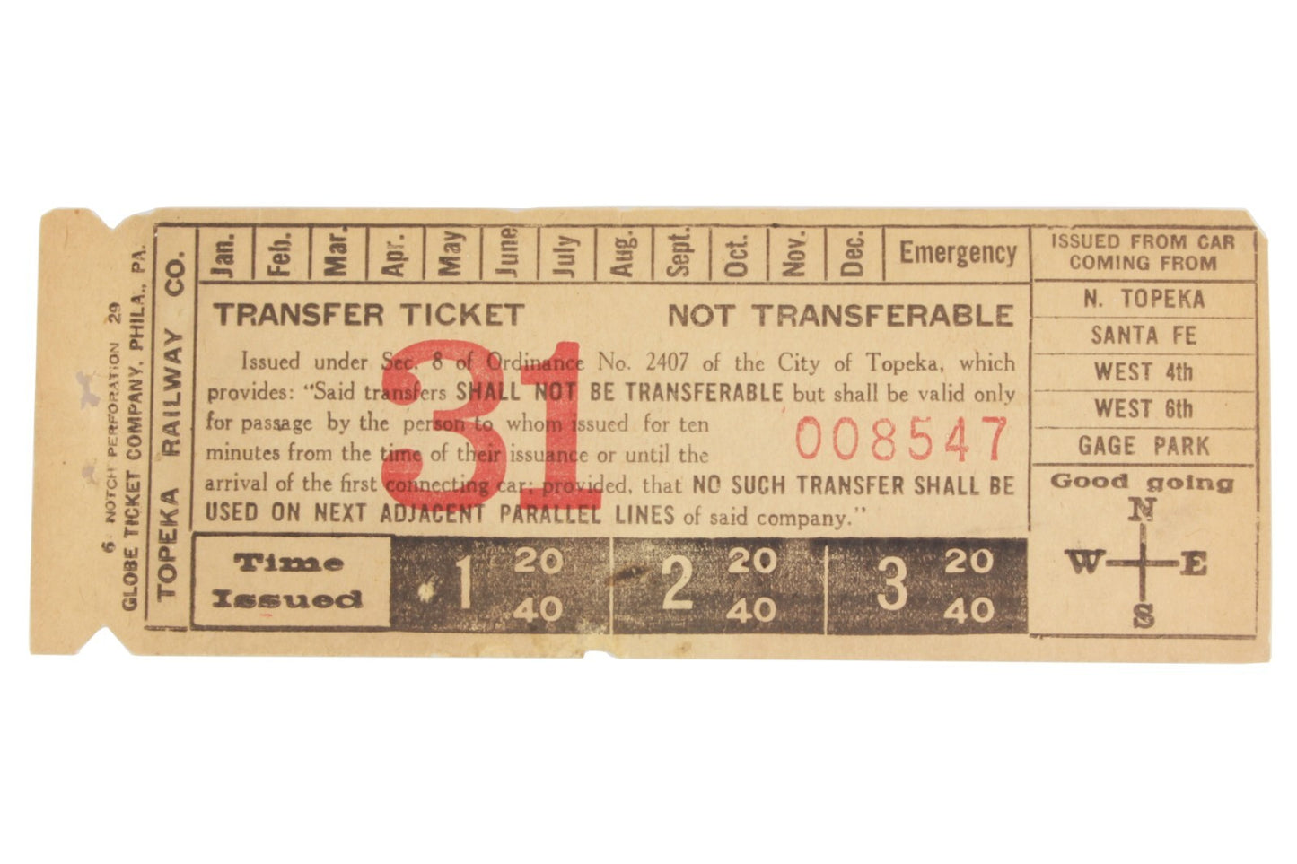 Rare Early 1929 Topeka Railway Co Trolley Transfer Ticket Vinewood Kansas KS