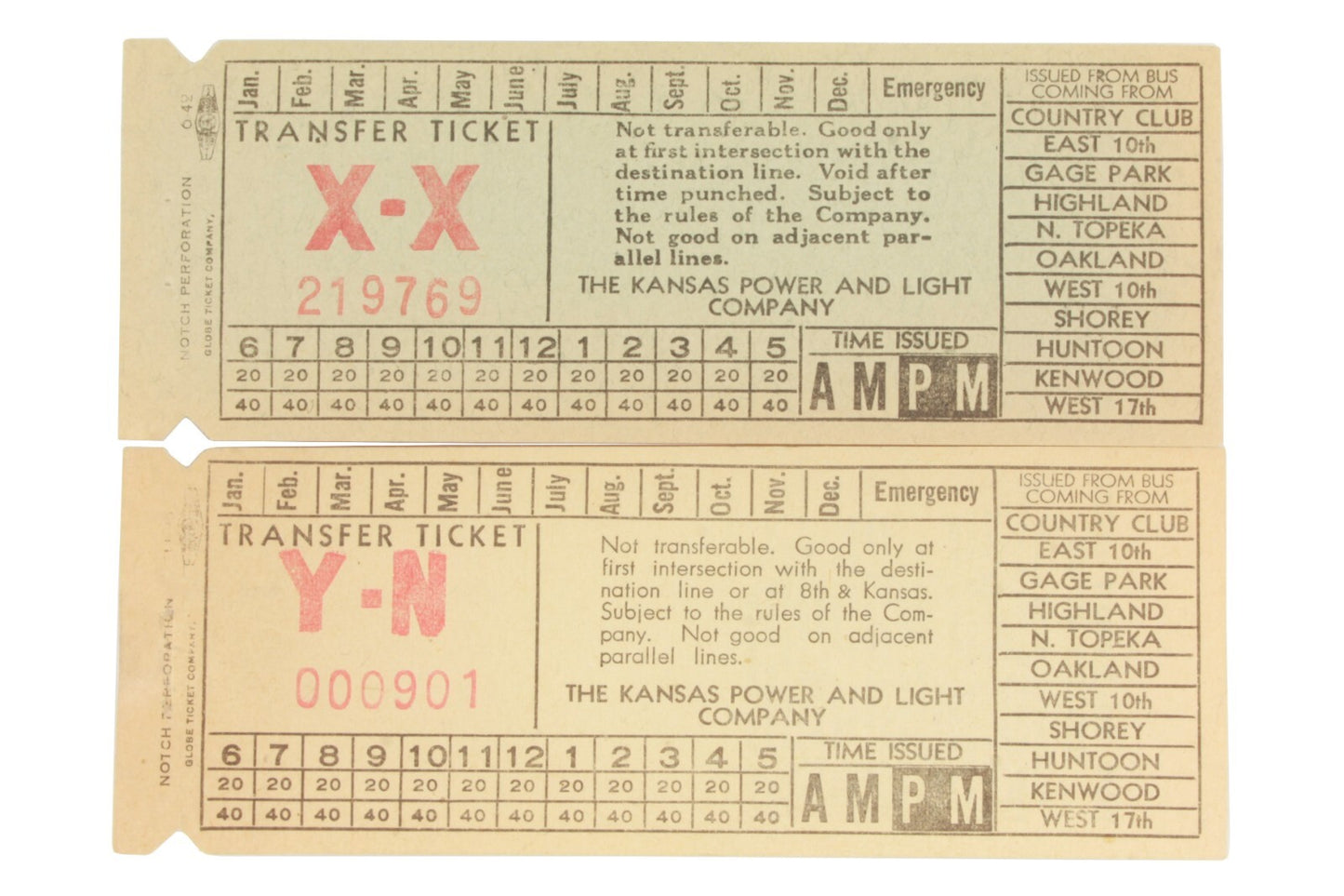 Kansas Power & Light Co - 2 Vintage Bus Trolley Transfer Tickets Topeka XX & YN