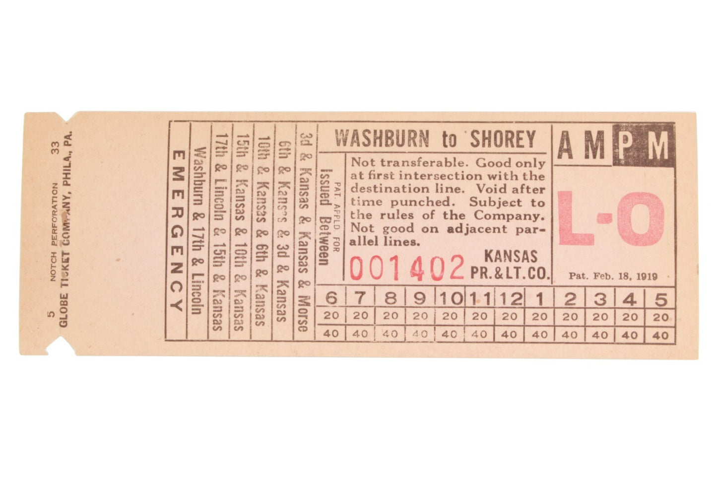Kansas Power & Light Bus Transfer Washburn to Shorey Kansas Topeka KS 1938
