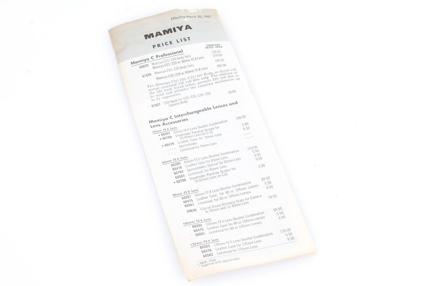 Mamiya 1967 Price List