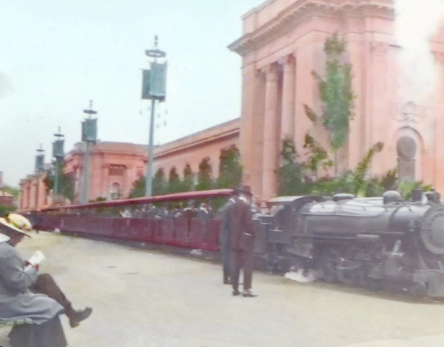 OPEN CAR PASSENGER STEAM TRAIN STATION, HAND TINTED ANTIQUE PHOTO ON GLASS