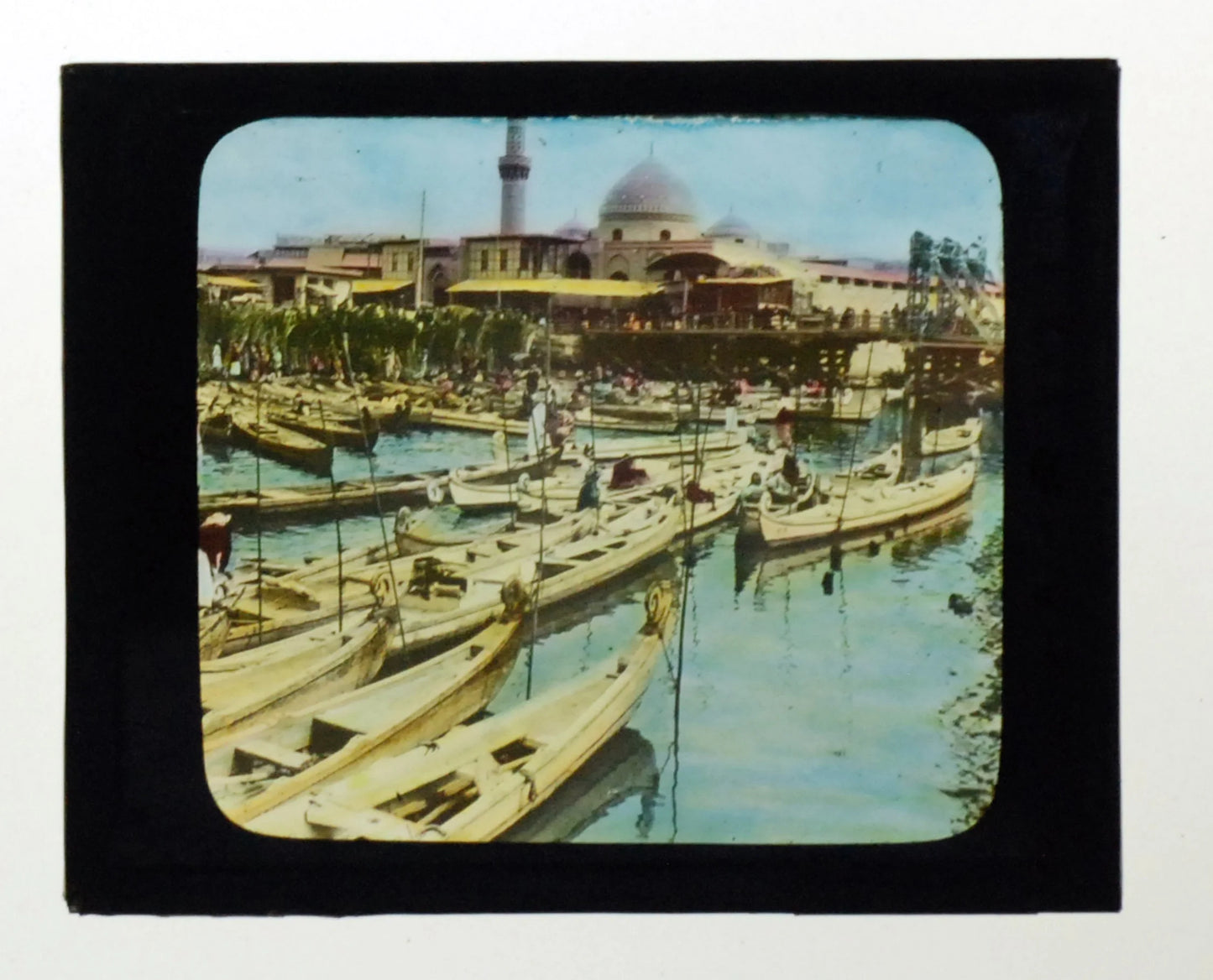 Iraq Canal Crowded with Boats Hand Tinted Antique Photo On Glass//DIY Art