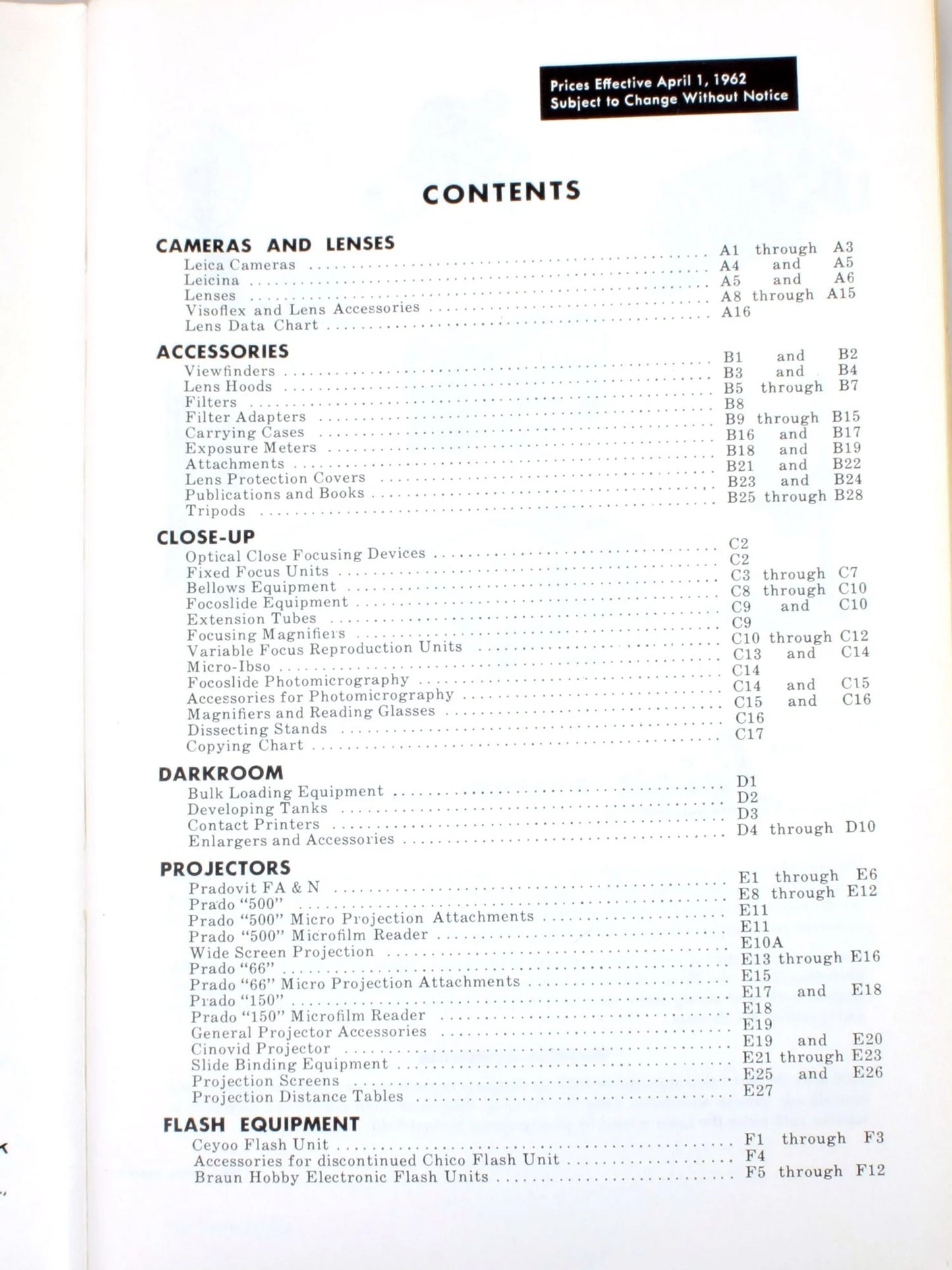 Leica and Other Photographic Equipment Catalog No. 36, 1962