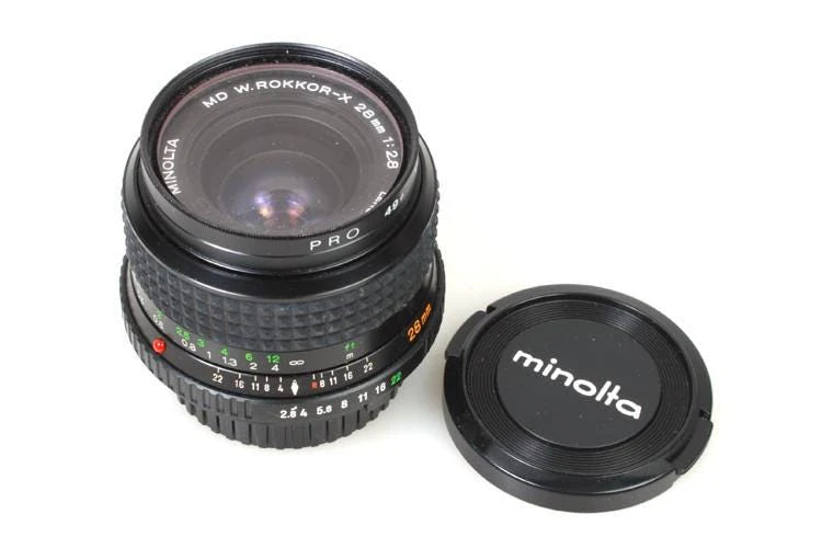 Minolta MD Rokkor 28mm F/2.8 Wide Angle Lens w/ Hood, Manual, Filter