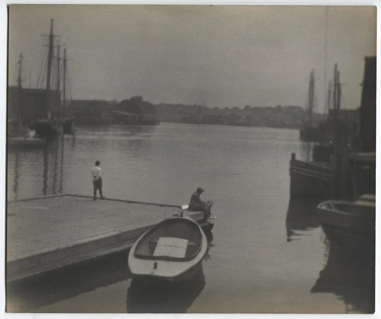 PHOTO PICTORIAL TONED SILVER PRINT. MEN ON DOCK VIEWING TALL SHIPS IN HARBOR.