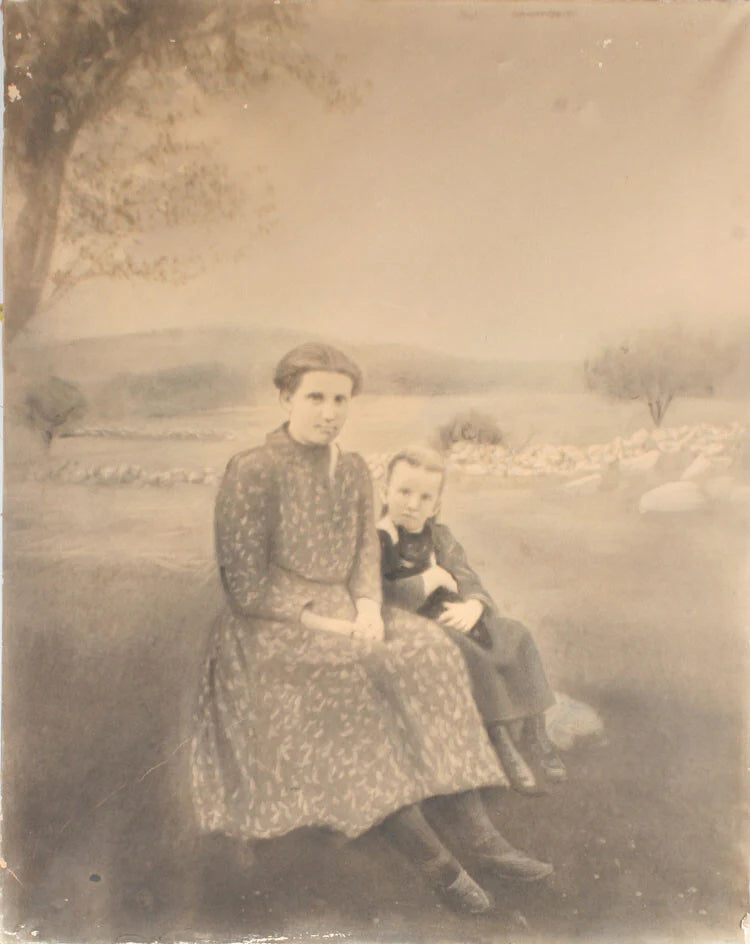 VINTAGE SALT PRINT PHOTO. MOTHER, DAUGHTER AND CAT, PASTORAL SETTING.