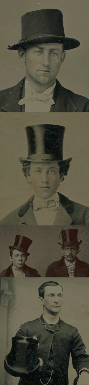 HANDSOME MEN HOLDING AND WEARING TOP HATS. TINTYPES, FOUR SET.
