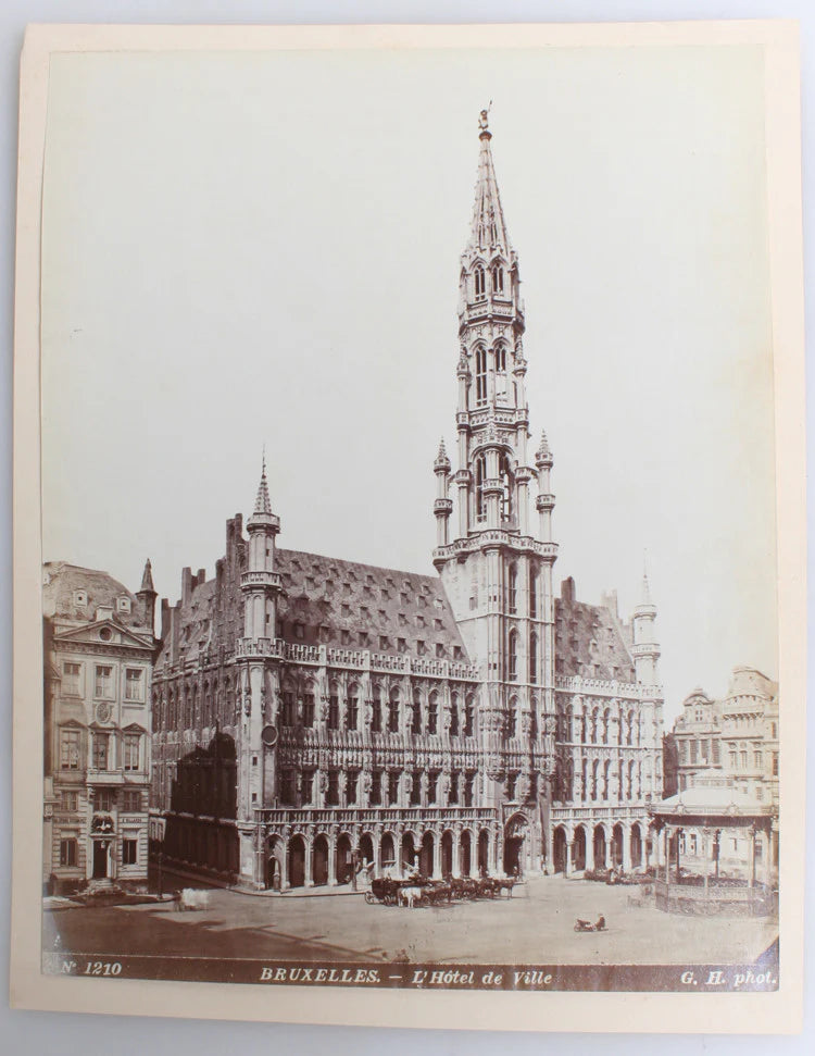 BEAUTIFUL 8X11 ALBUMEN OF BRUSSELLS TOWN HALL HORSES/CARRIAGES