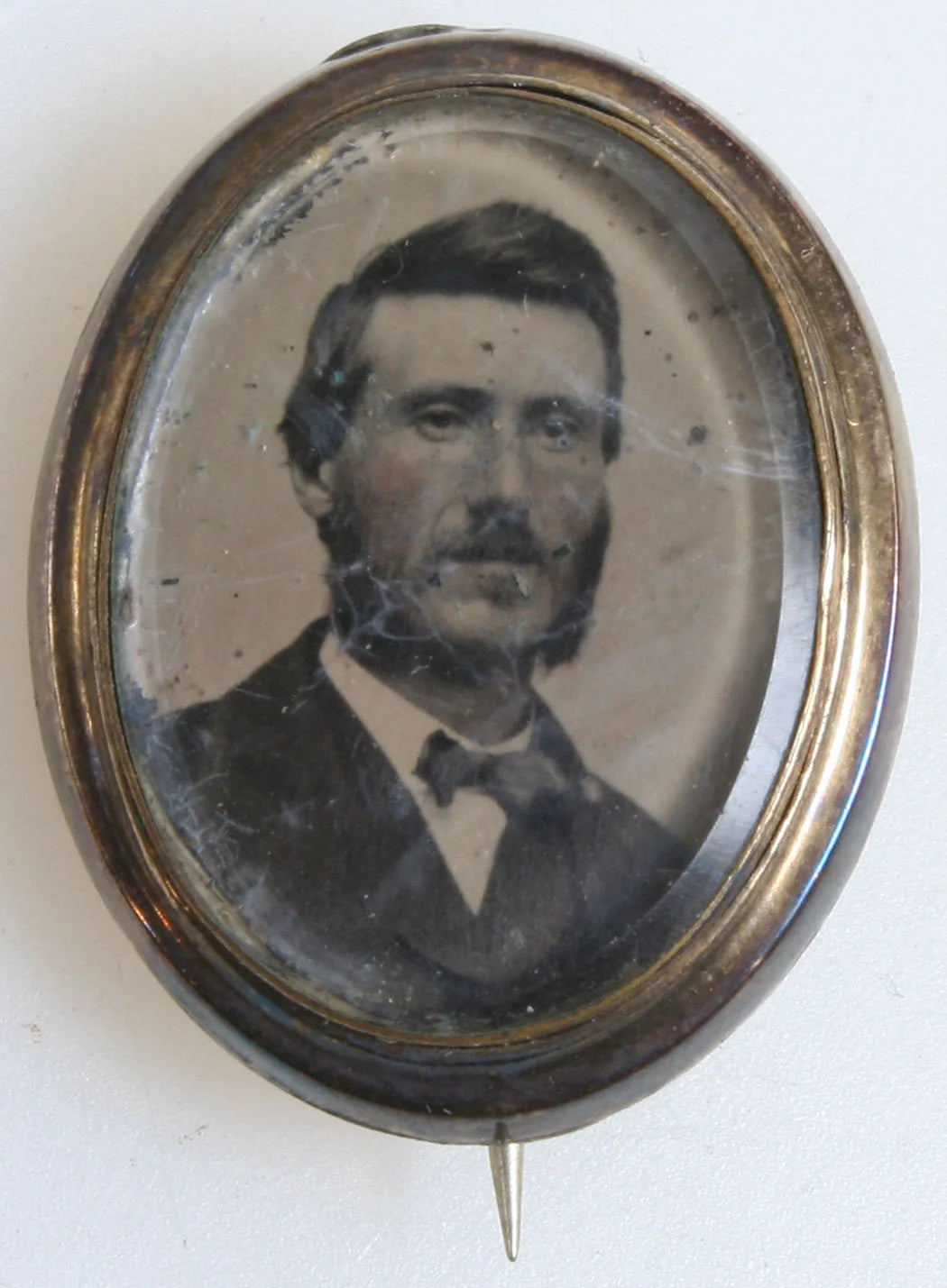 PIN GOLD JEWELRY TINTED TINTYPE: MAN WITH BEARD INITIALS "ADW" ON BACK 1860s.