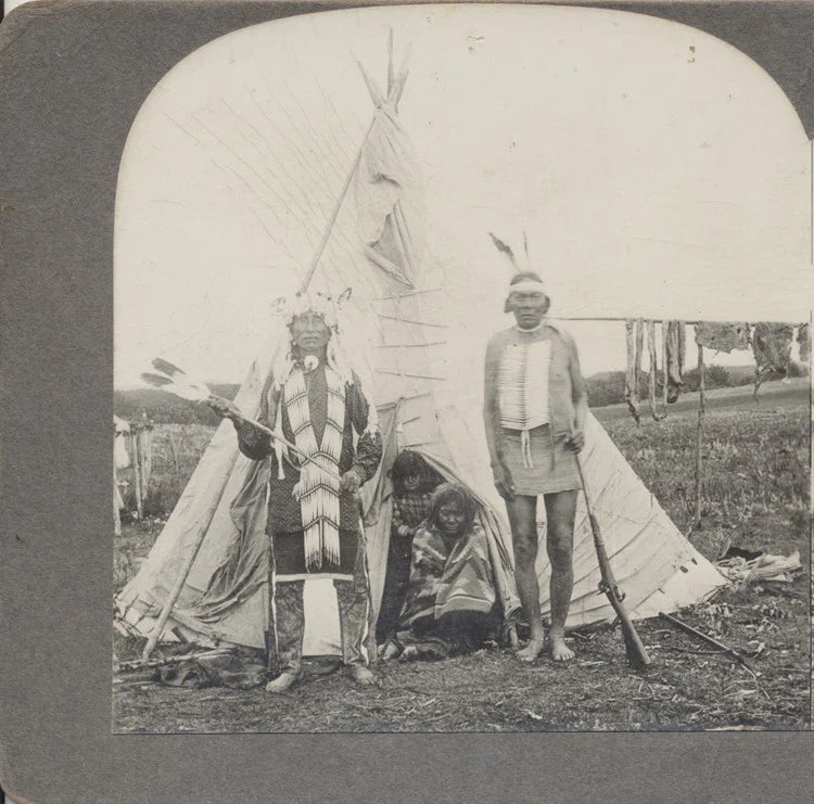 NATIVE AMERICANS IN TRADITIONAL CLOTHING W/ RIFLES TEEPEE