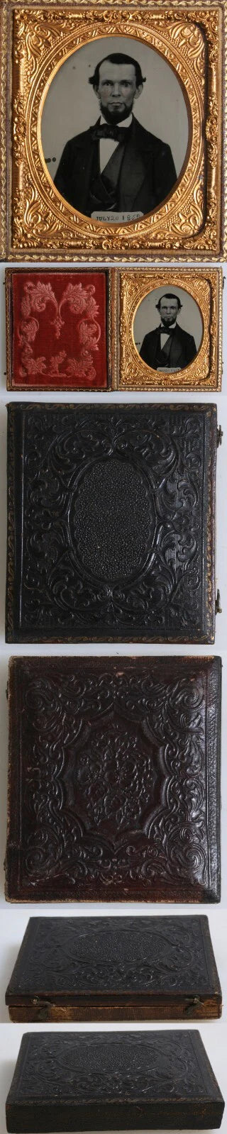 BEARDED MAN, DATED JULY 20, 1859, AMBROTYPE. TINTED, CRISP 6TH PLATE, FULL CASE