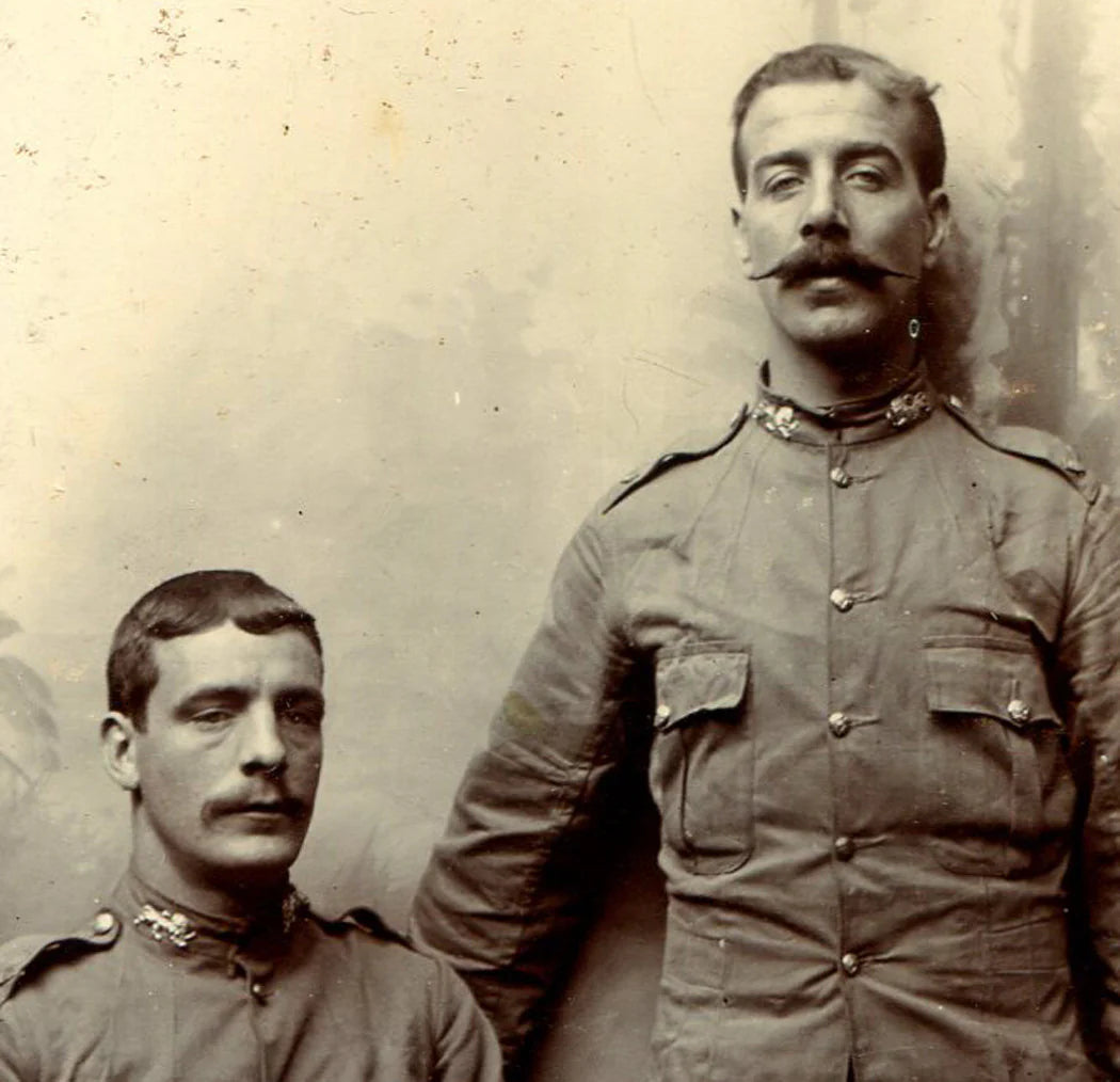 MILITARY MAN IN UNIFORM, MUSTACHES, STOIC. CABINET CARD.