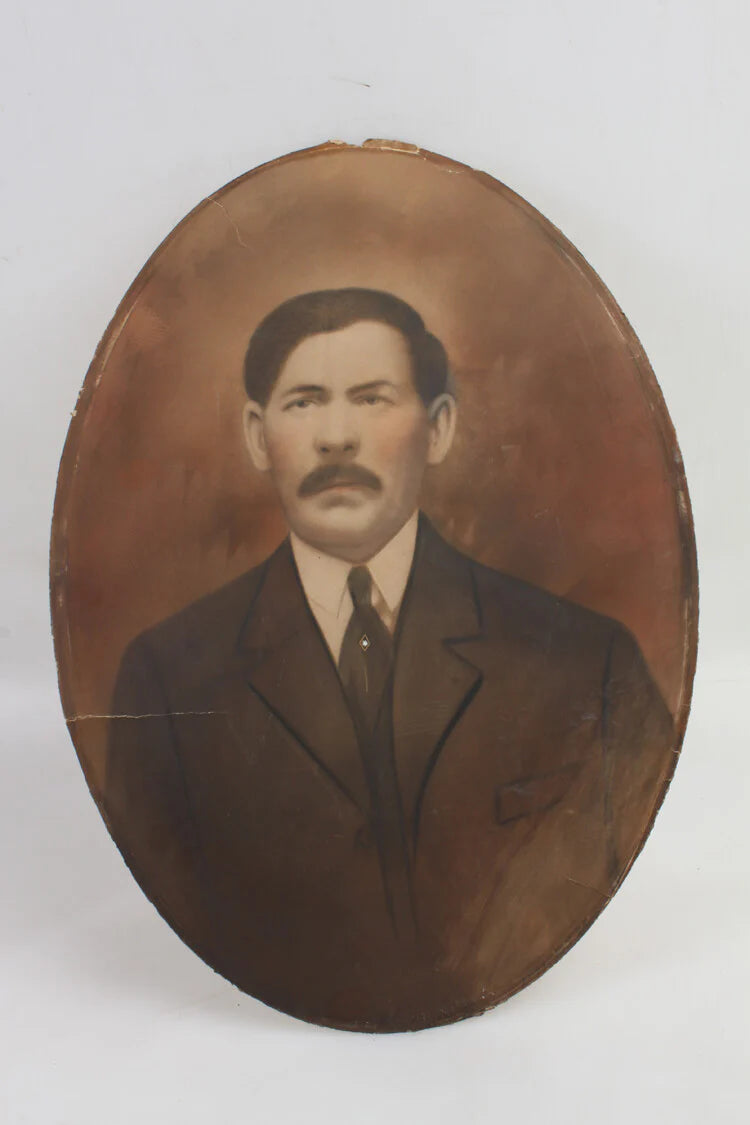 14X19 HAND PAINTED CONVEX PORTRAIT OF STERN MAN W/ A MUSTACHE