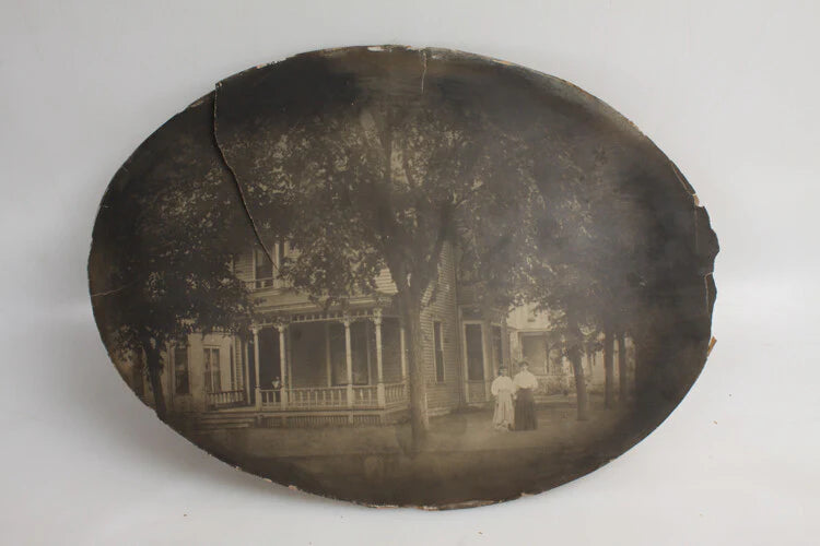 RARE 13X19 CONVEX PHOTO OF YOUNG WOMEN STANDING OUTSIDE MASSIVE VICTORIAN HOUSE