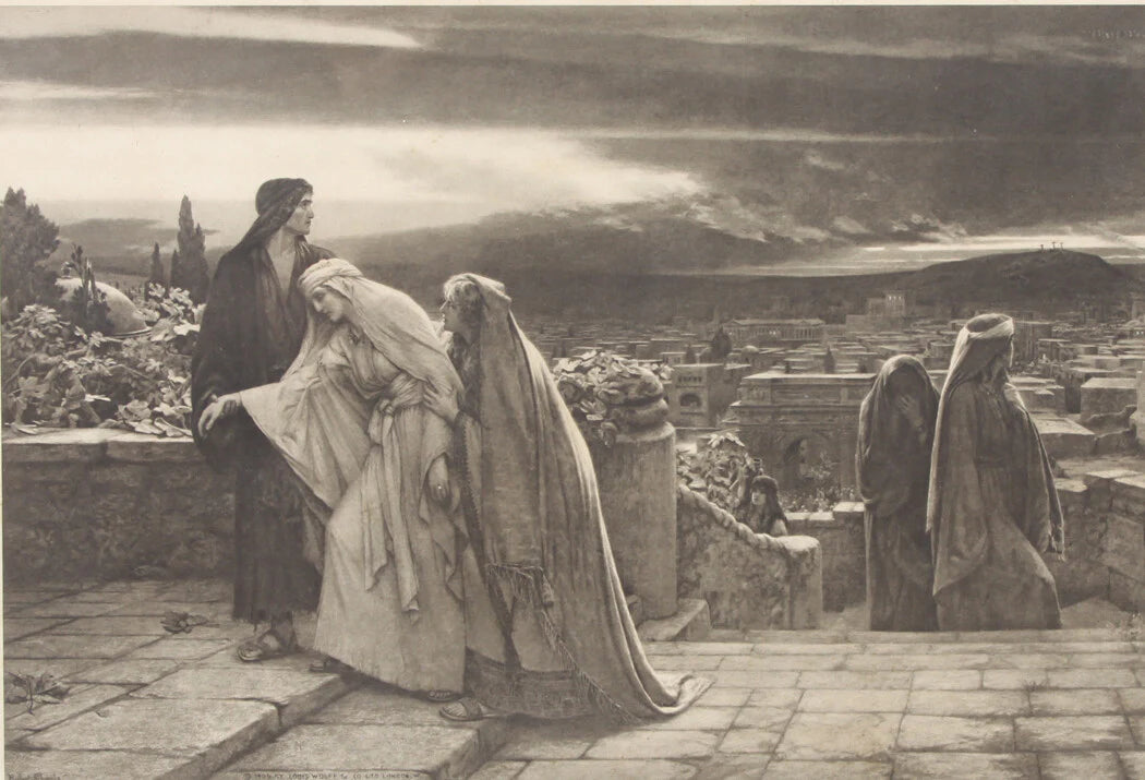 THE RETURN FROM CALVARY, RELIGIOUS, ANTIQUE LITHOGRAPH. FRAMED. 12 X 15.5 INCHES